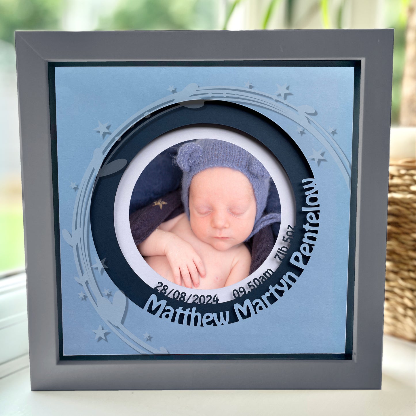 Personalised New Baby 8 x 8” Box Frame v2 - Blue with Heart and Stars design