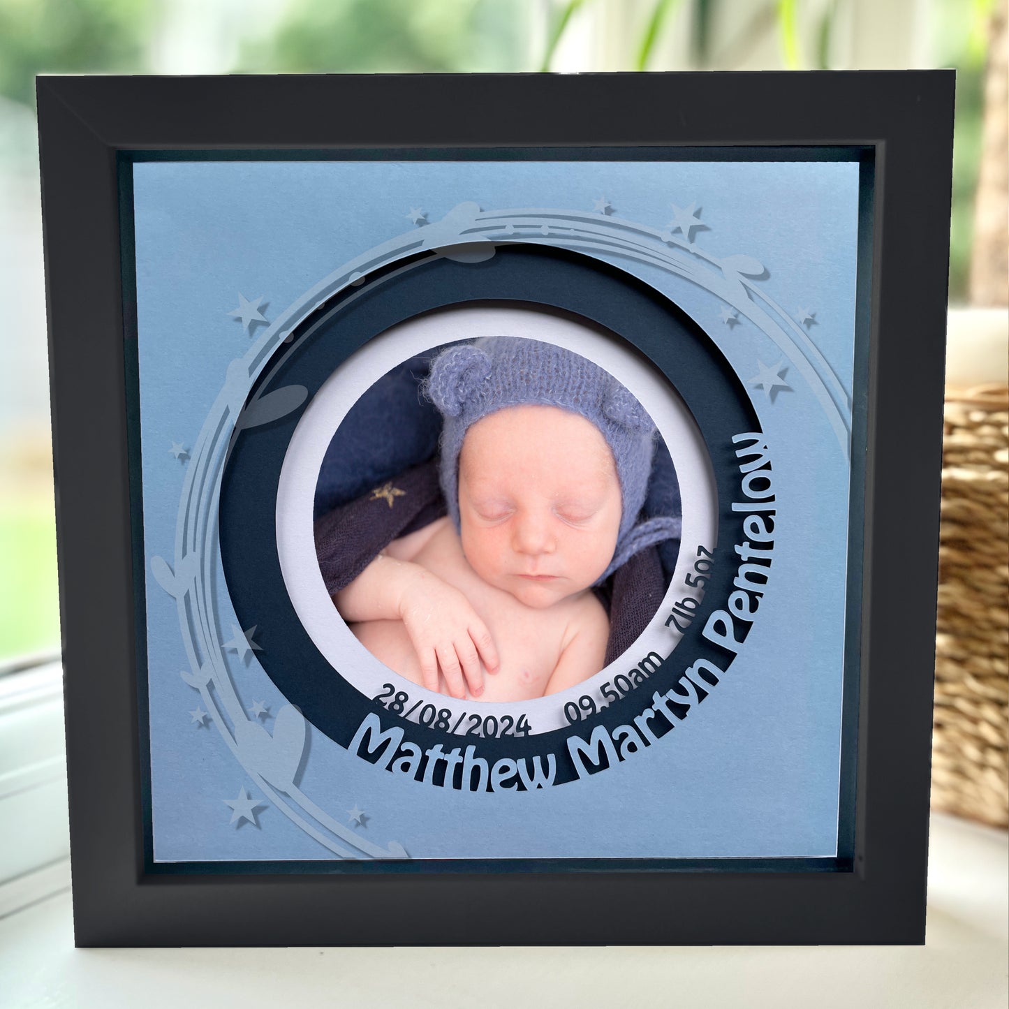 Personalised New Baby 8 x 8” Box Frame v2 - Blue with Heart and Stars design