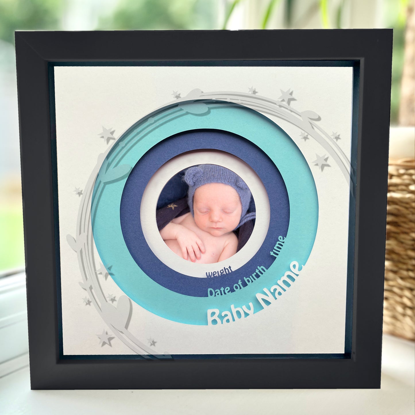 Personalised New Baby 8 x 8” Box Frame - Blue with Heart and Stars design