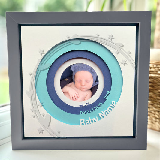 Personalised New Baby 8 x 8” Box Frame - Blue with Heart and Stars design