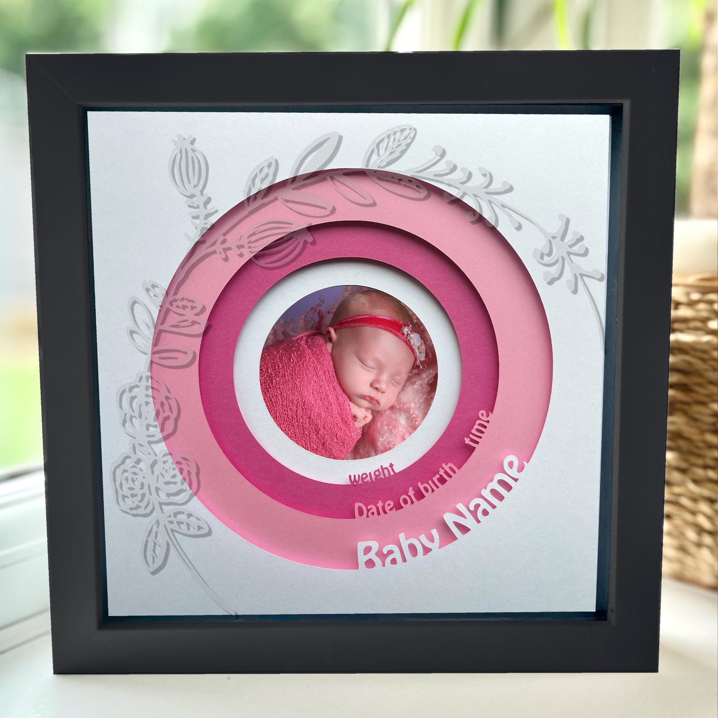 Personalised New Baby 8 x 8” Box Frame - Pink with floral design