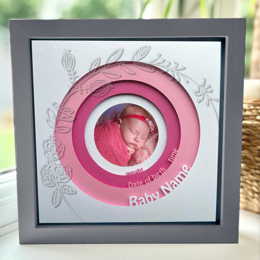 Personalised New Baby 8 x 8” Box Frame - Pink with floral design