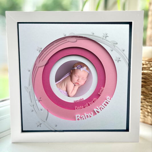 Personalised New Baby 8 x 8” Box Frame - Pink with Heart and Stars design
