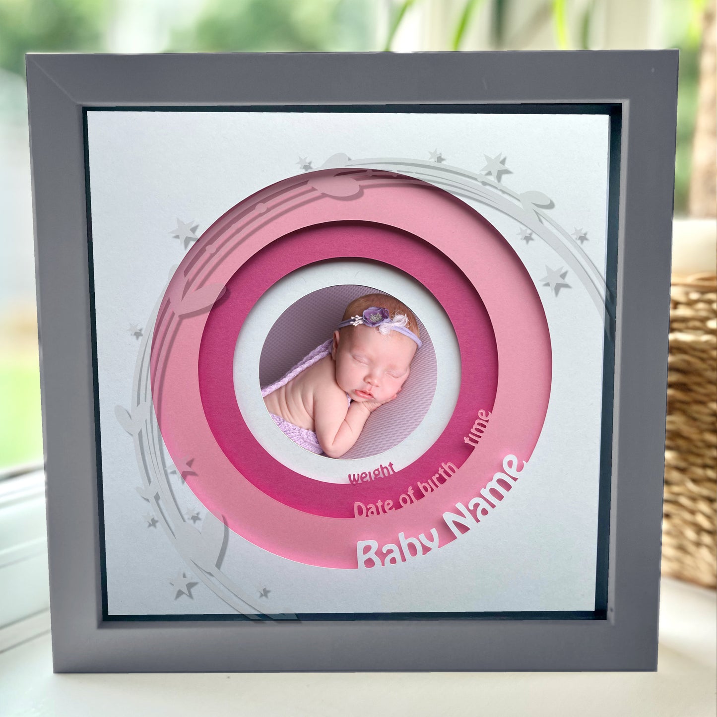 Personalised New Baby 8 x 8” Box Frame - Pink with Heart and Stars design