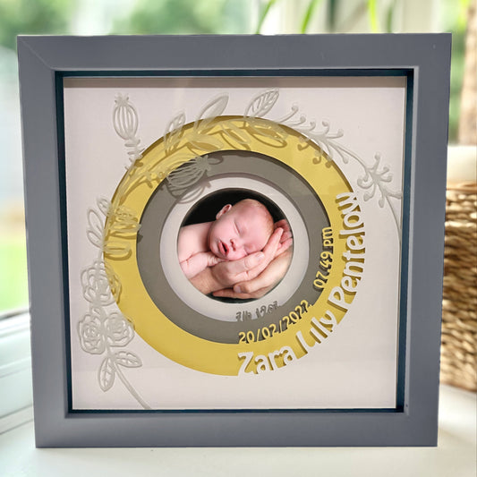 Personalised New Baby 8 x 8” Box Frame - Yellow with Floral design