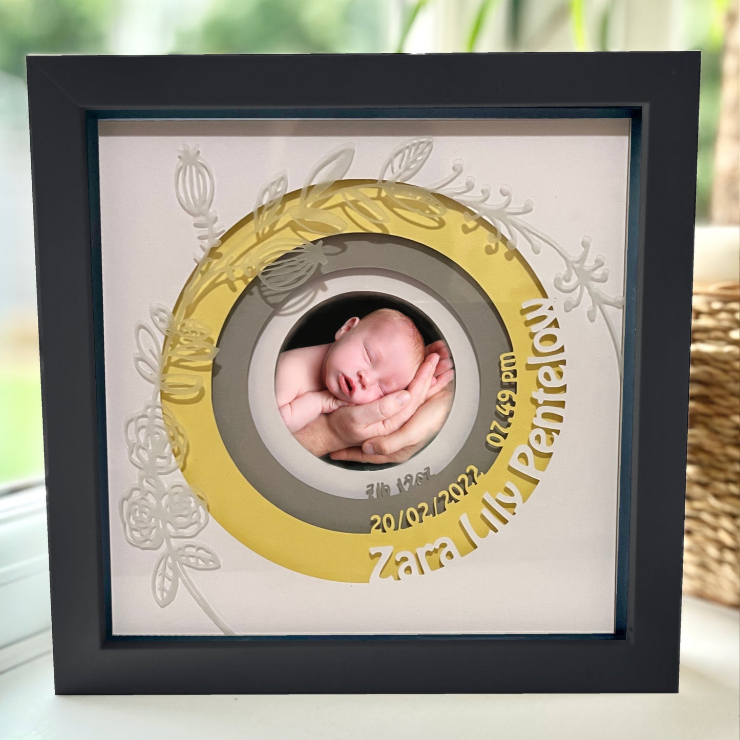 Personalised New Baby 8 x 8” Box Frame - Yellow with Floral design