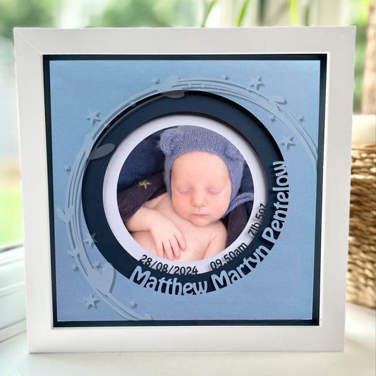 Personalised New Baby 8 x 8” Box Frame v2 - Blue with Heart and Stars design