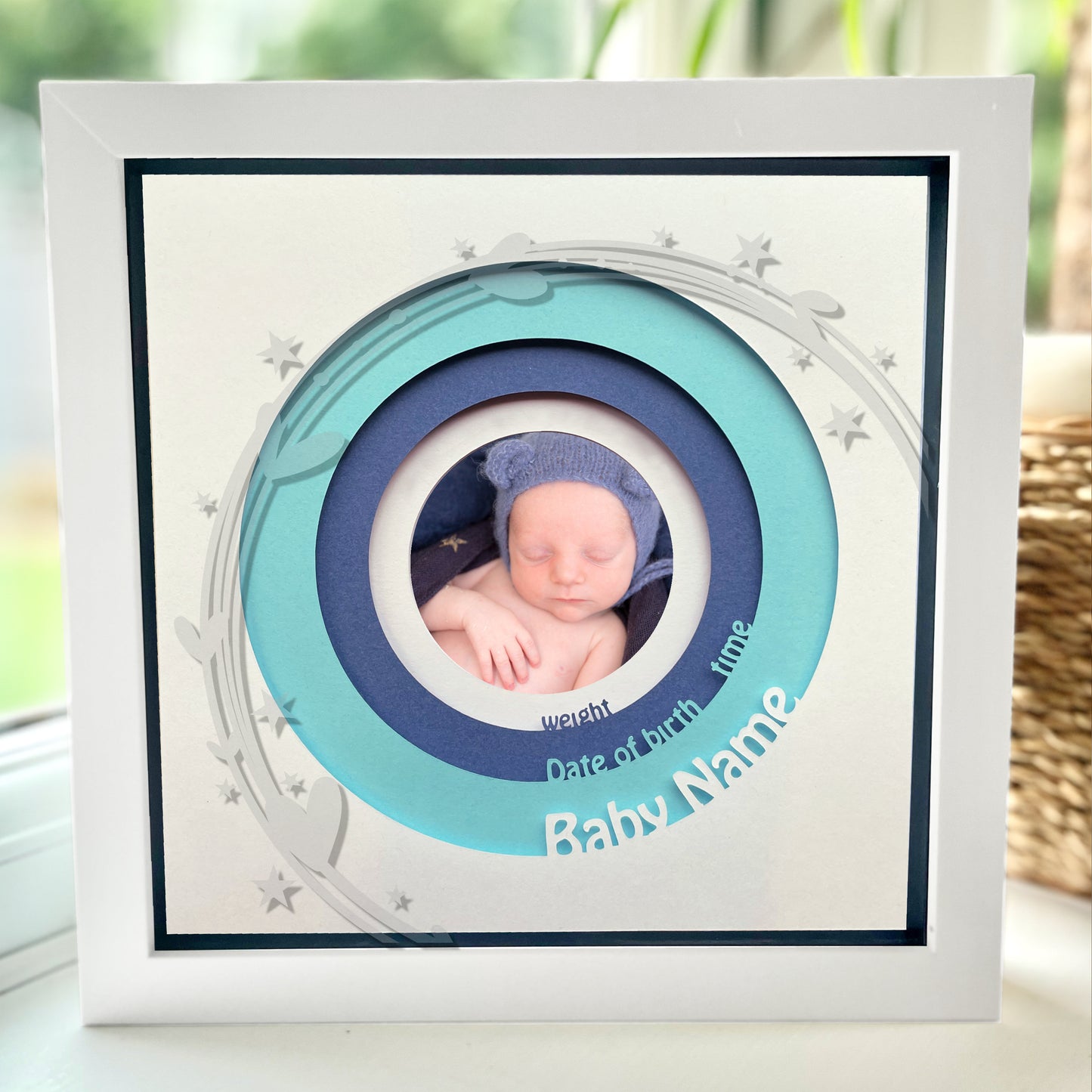 Personalised New Baby 8 x 8” Box Frame - Blue with Heart and Stars design